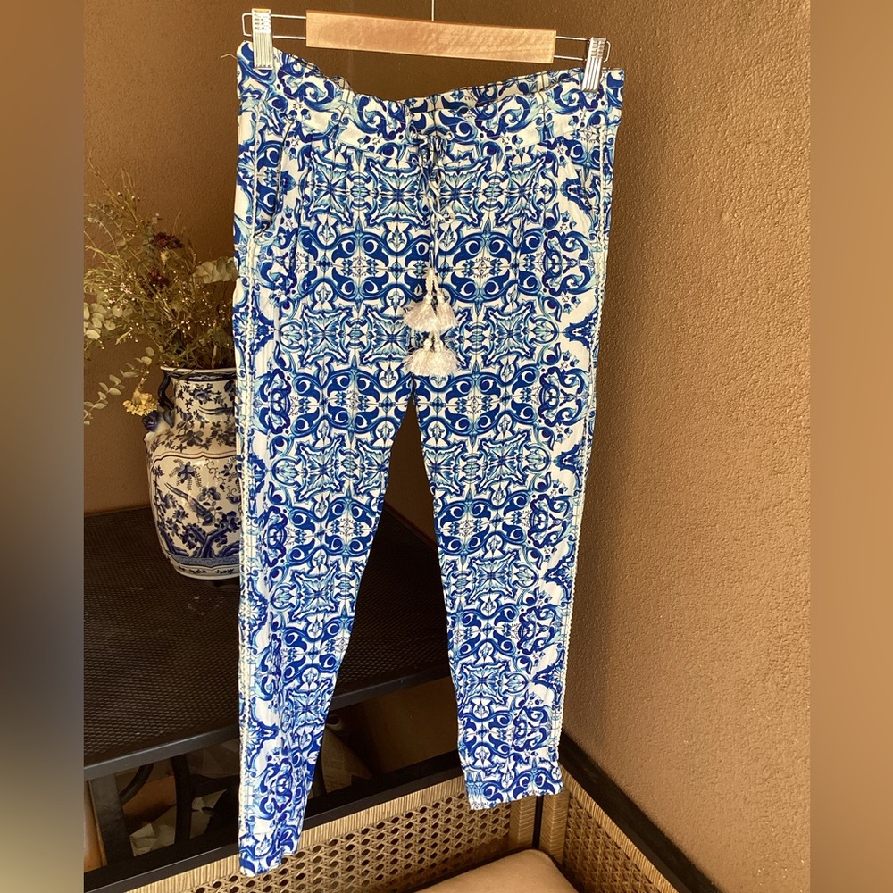 Hemant & Nandita Blue and White Patterned Jogger Pants with Tassels